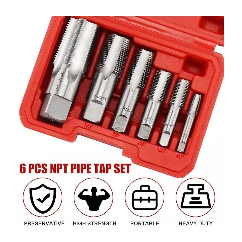 6 Stück NPT-Rohrgewindebohrer, 1 Zoll, 3/4 Zoll, 1/2 Zoll, 3/8 Zoll, 1/4 Zoll, 1/8 Zoll, Handgewindeschneiden aus Kohlenstoffstahl, für präzises