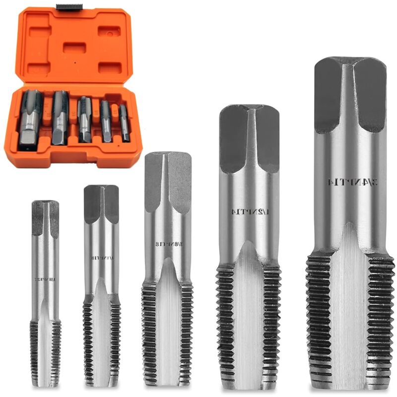 5 Stück NPT-Rohrgewindebohrer, 3/4 Zoll, 1/2 Zoll, 3/8 Zoll, 1/4 Zoll, 1/8 Zoll Handgewinde aus Kohlenstoffstahl, für präzises Gewindeschneiden,