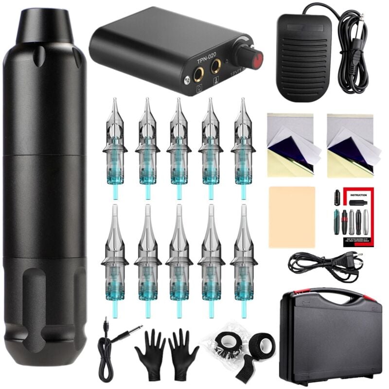 Tattoo-Maschinen-Set, Aluminium-Rotations-Tattoo-Maschinen-Set mit 10 Stück Kartuschennadeln, Stifttyp-Schattierungsmaschine, Schwarz
