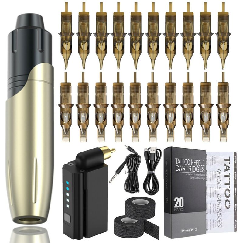 Tattoo-Maschinen-Set, Tattoo Pen Set, Professionelle Tätowiermaschine, Blau, mit 20 Stück Tattoo Cartridge Nadeln Kinsi