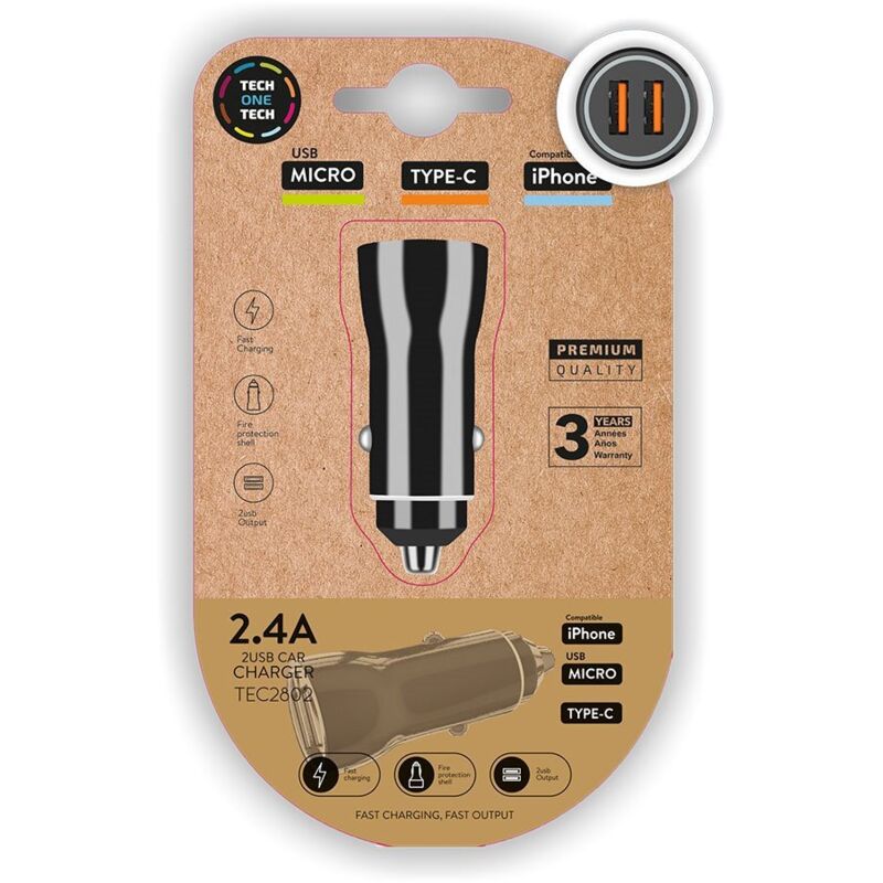 Doppeltes Zigarettenanzünder-Ladegerät Schwarz 2,4A 12W Tech One Tech