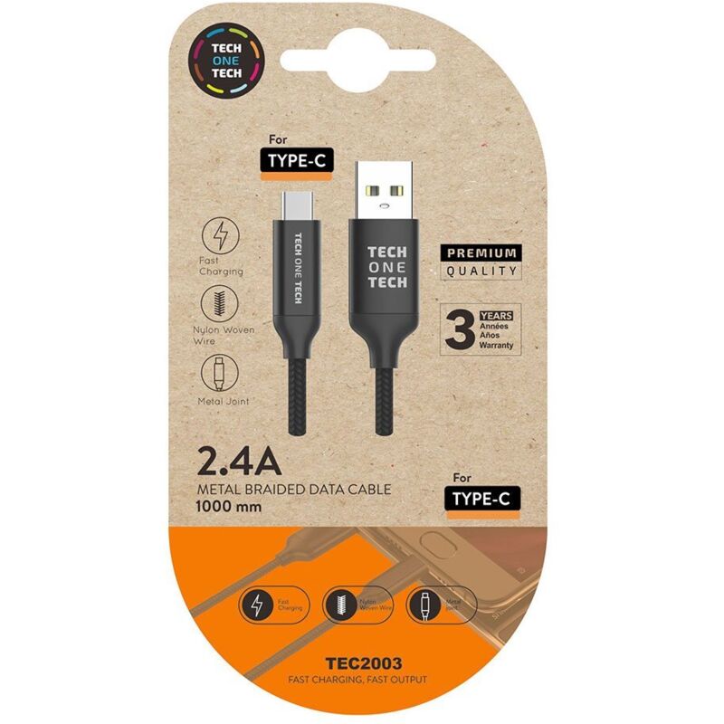 Schwarzes Nylon-USB-A-auf-USB-C-Kabel 1 m 2A Tech One Tech