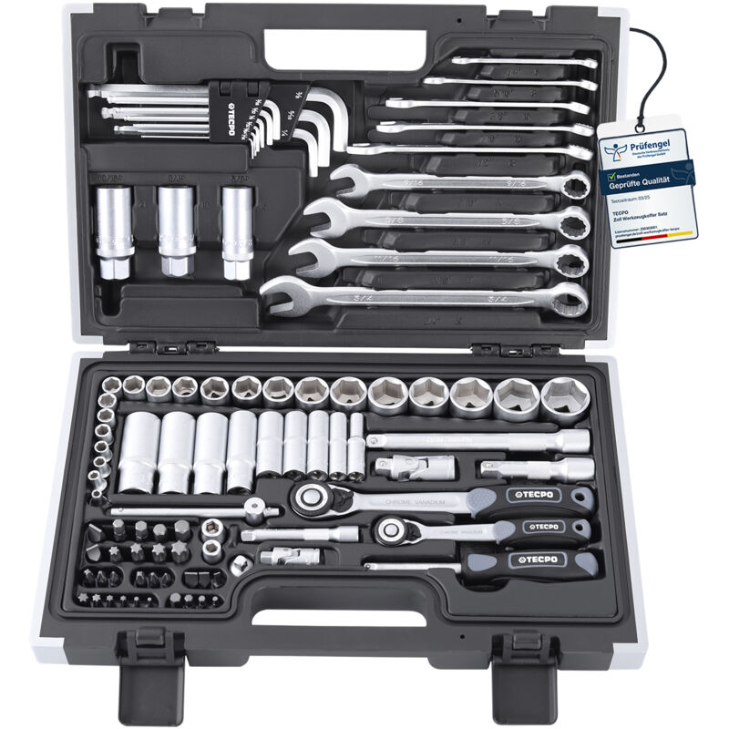TECPO Zoll Steckschlüssel Satz 92-teilig Werkzeugkoffer mit Ringschlüssel und Maulschlüssel, Ratsche mit Nuss-Set Verlängerung Adapter,
