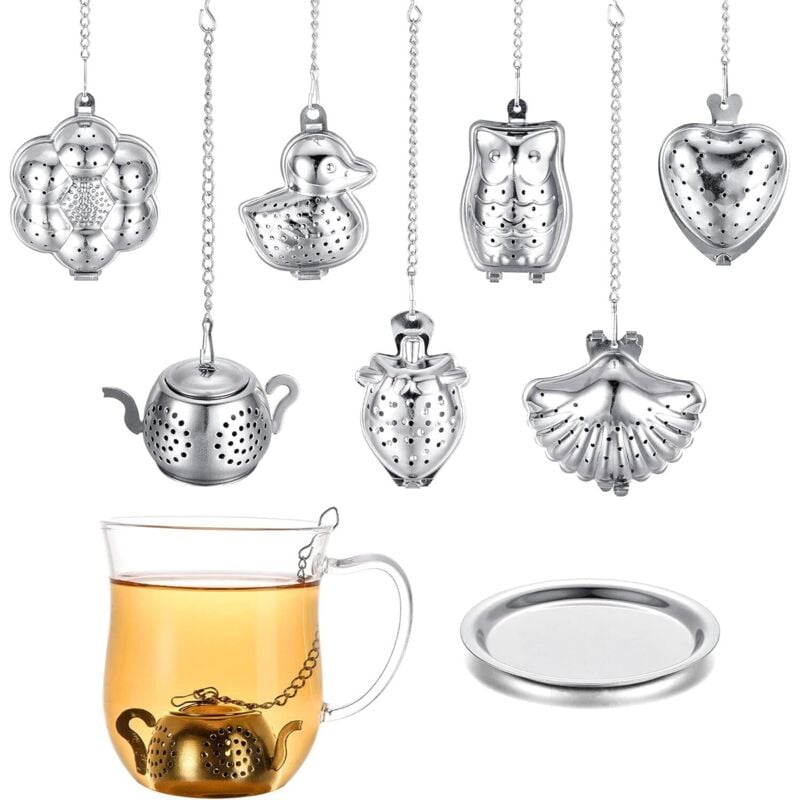 Tee-Ei mit 7 Blättern, Tee-Ei aus Edelstahl mit Kette und Abtropffläche, kleines Teesieb für Teetassen (Silber-Set)