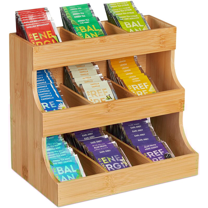 Relaxdays Tee Organizer, 9 Fächer, aus Bambus, HxBxT: 24 x 27 x 17,5 cm, Tee & Kaffeepads, Teeregal vertikal, natur