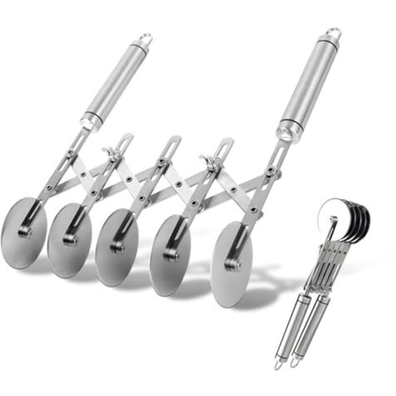 Teigschneider mit Griff, 5 Räder justierbar Kuchenteiler, Pizzaschneider Edelstahl, Justierbar Breite, für Pizza, Brot und Küchenbacken