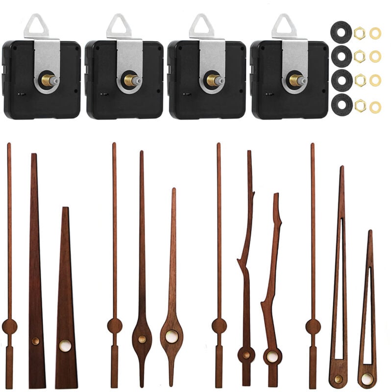 Quarzuhrwerkteile mit 4 Arten Walnussholz-Uhrzeigern, Uhrzubehör für die Reparatur von Uhren, Austausch (geeignet für 12-Zoll-Uhren)