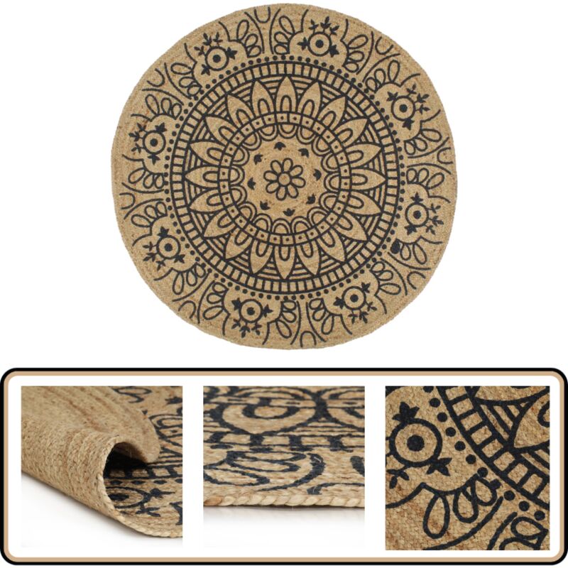 Teppich Handgefertigt Jute mit Dunkelblauem Aufdruck 150 cm - Naturfaser Teppich - Jute Teppich - Gewebter Teppich - Dekorative Matten - Wohnzimmer