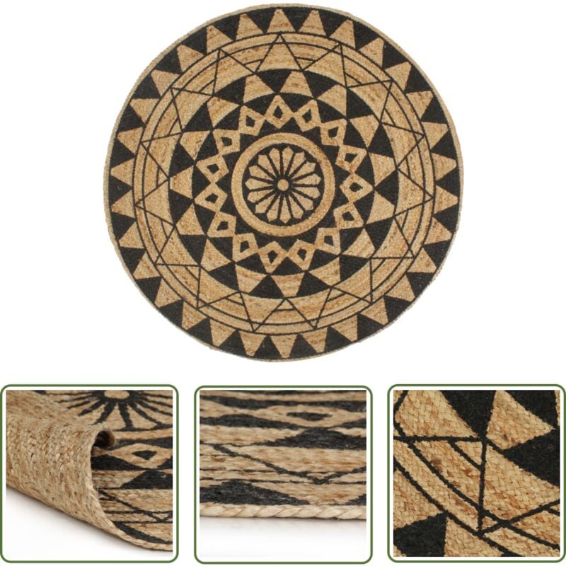 Décoshop26 - The Living Store Teppich Handgefertigt Jute Schwarzer Druck 120 cm - Naturfaser Teppich - Jute Teppich - Gewebter Teppich - Dekorative