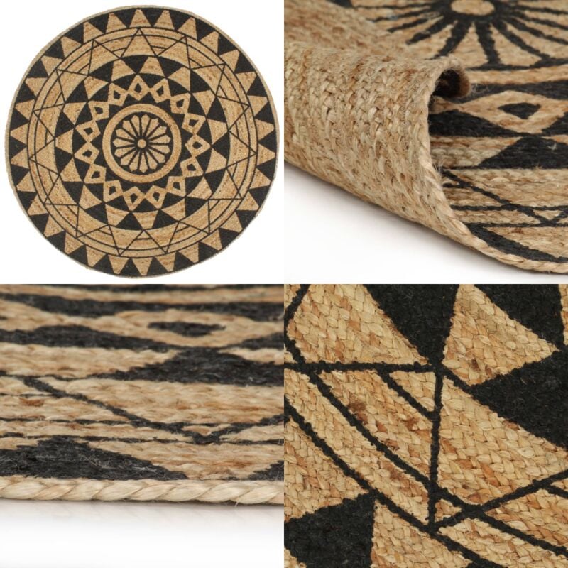 Teppich Handgefertigt Jute Schwarzer Druck 120 cm - Naturfaser Teppich - Jute Teppich - Gewebter Teppich - Dekorative Matten - Wohnzimmer Teppich