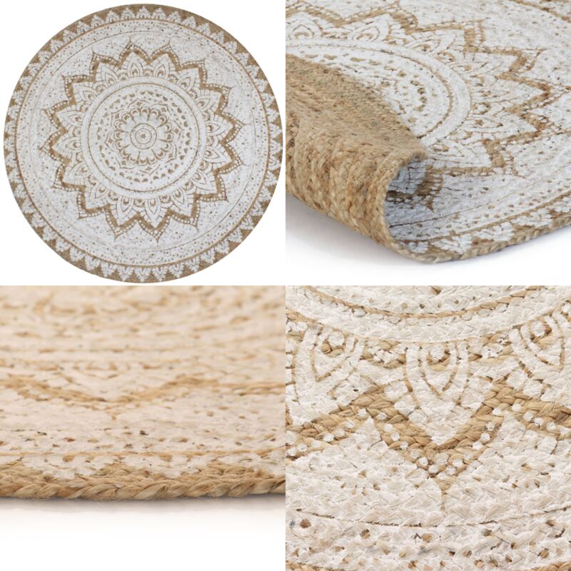 Teppich Jute Geflochten Bedruckt 120 cm Rund - Naturfaser Teppich - Jute Teppich - Runder Teppich - Mandala Druck - Wohnraum Deko - Home & Living