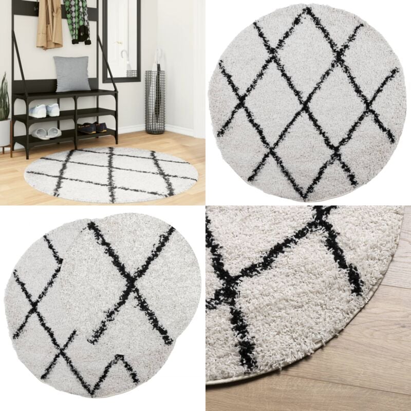 Teppich Shaggy Hochflor Modern Creme und Schwarz Ø 120 cm - Shaggy Teppich - Hochflor Teppich - Cremefarbener Teppich - Schwarzer Teppich