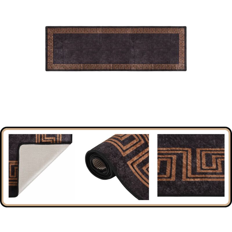 Teppich Waschbar 80x300 cm Schwarz und Golden Rutschfest - Samt Teppich - Wohnzimmer Teppich - Flur Teppich - Treppenläufer - Schwarz Gold