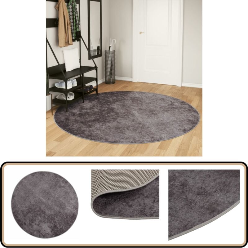 Teppich Waschbar Grau Ø 200 cm Rutschfest - Samt Teppich - Grauer Teppich - Wohnraumteppich - Rundteppich - Digitaldruck Teppich