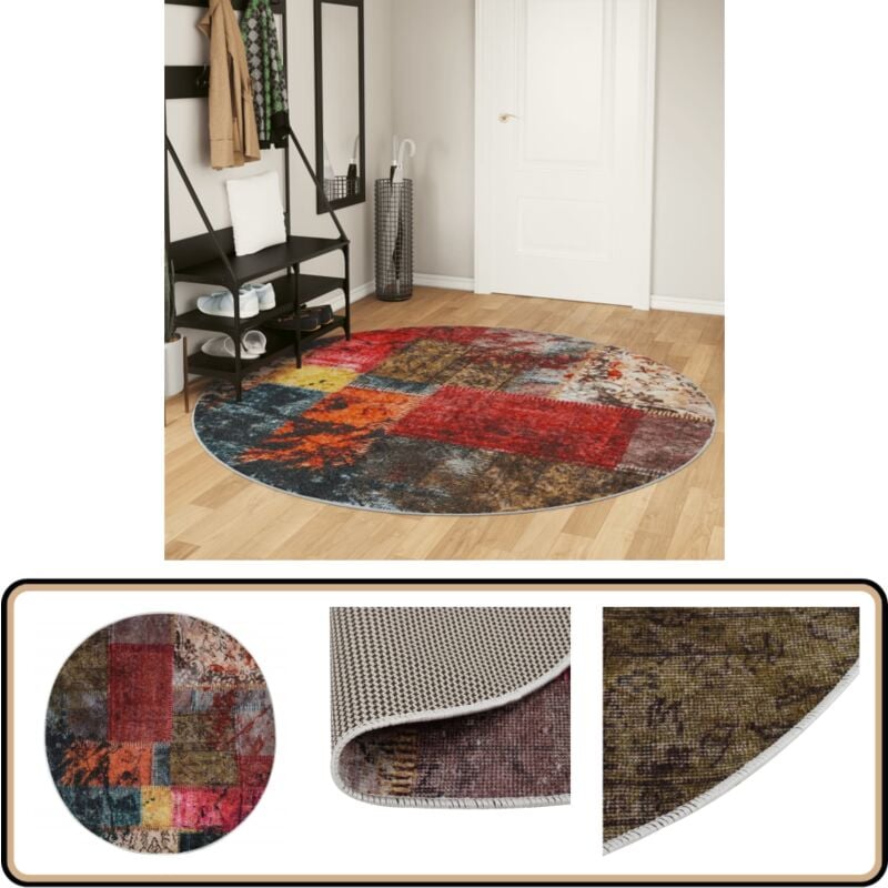 Teppich Waschbar Mehrfarbig Ø 200 cm Rutschfest - Samt Teppich - Wohnzimmerteppich - Rund Teppich - Multicolor Teppich - Digitaldruck Teppich