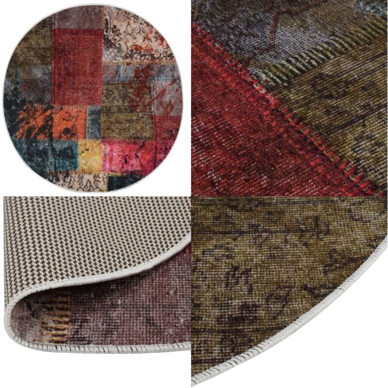 Teppich Waschbar Patchwork Mehrfarbig φ120 cm Rutschfest - Samt Teppich - Wohnzimmer Teppich - Multifarbiger Teppich - Rund Teppich - Waschbarer