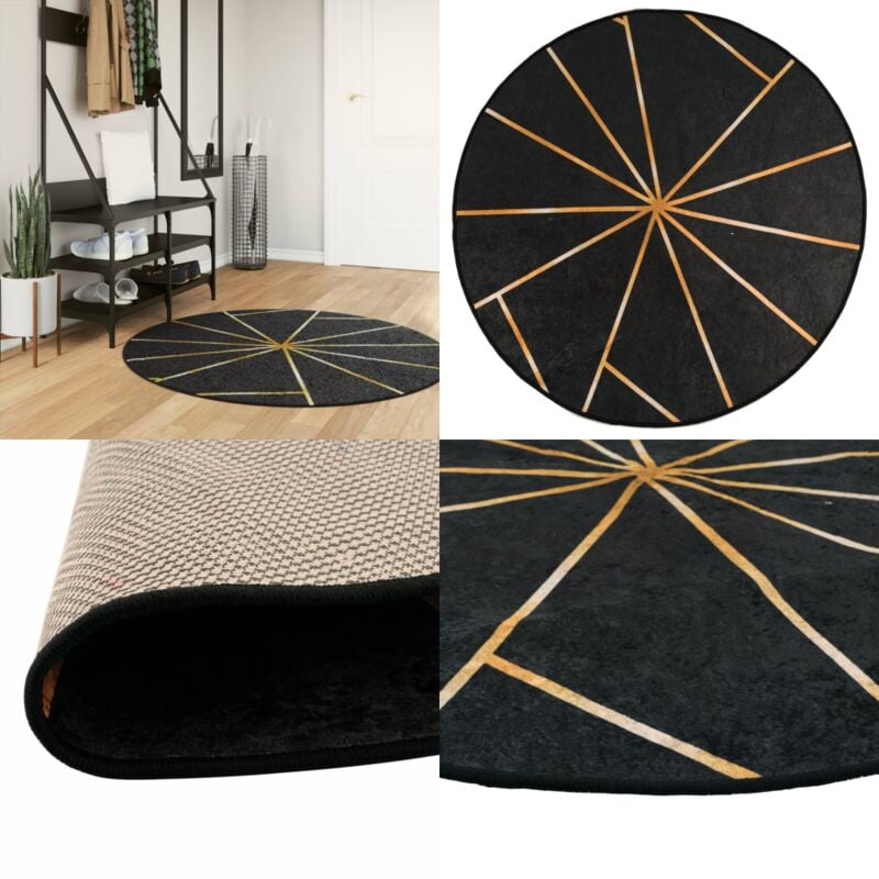 Teppich Waschbar Schwarz und Golden ø 120 cm Rutschfest - Samt Teppich - Wohnzimmerteppich - Rund Teppich - Schwarz Gold - Antibakterieller Teppich