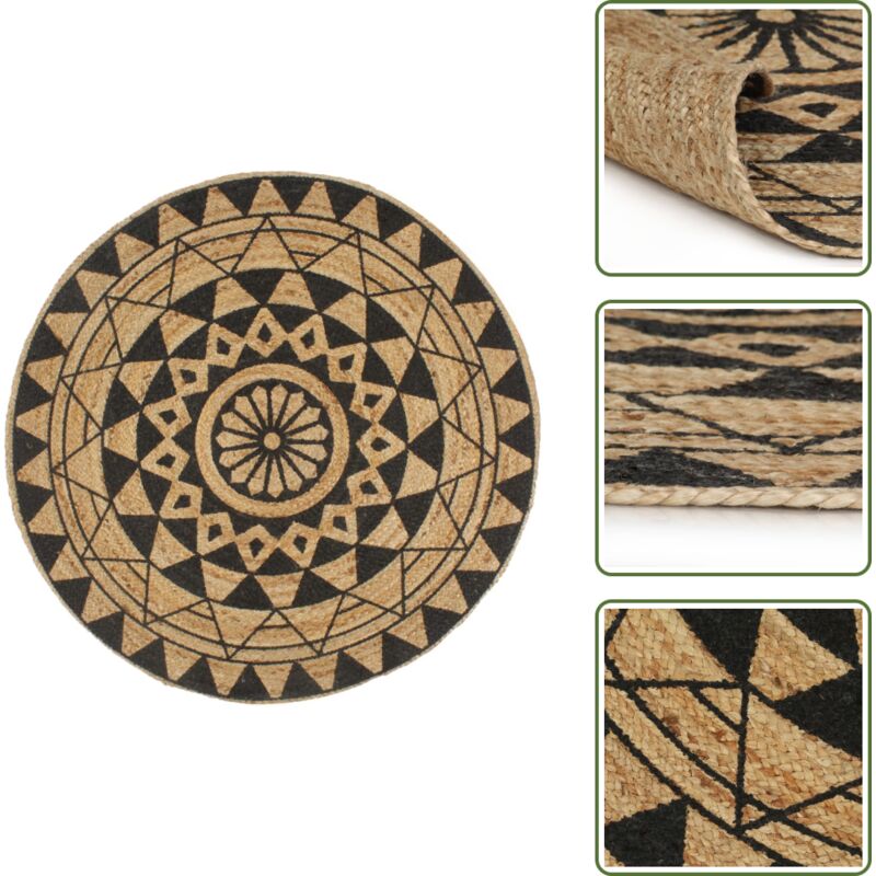 Teppich Handgefertigt Jute mit Schwarzem Aufdruck 150 cm - Naturfaser Teppich - Jute Teppich - Gewebe Teppich - Wohnzimmer Teppich - Schlafzimmer