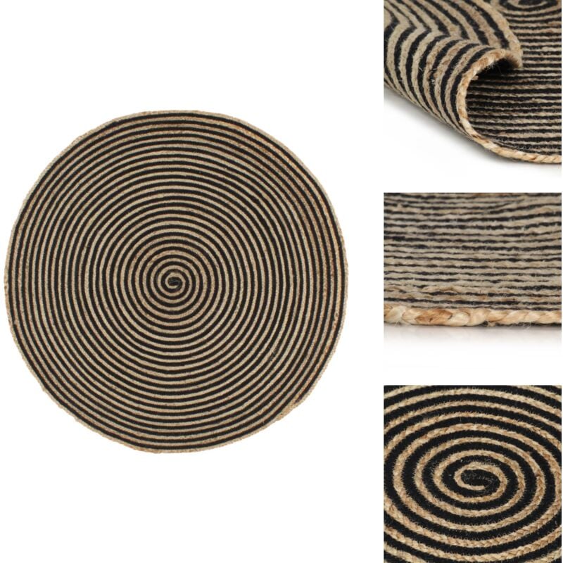 Teppich Handgefertigt Jute mit Spiralen-Design Schwarz 90 cm - Naturfaser Teppich - Jute Teppich - Gewebe Teppich - Rattan Teppich - Wohnzimmer