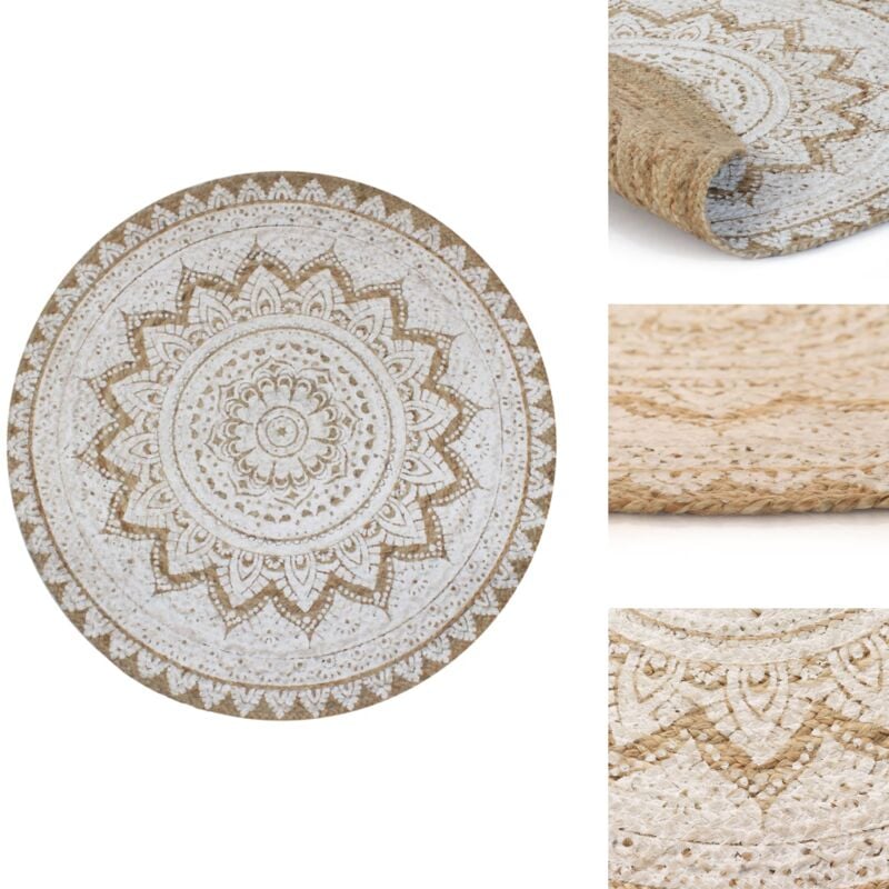 Teppich Jute Geflochten Bedruckt 120 cm Rund - Naturfaser Teppich - Jute Teppich - Runder Teppich - Mandala Druck - Wohnraum Deko