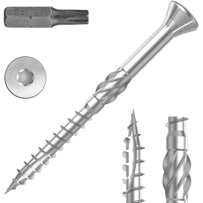 Terrassenschrauben Edelstahl A2 5x60mm 100 Stück - Holzschrauben mit Cut-Spitze, Schneidkerbe & T25 Bit - Universalschrauben für Terrassendielen,