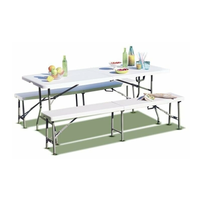 TERRE JARDIN - Set aus Klapptischen für 8 Personen, weiß, +2 Bänke für 4 Personen