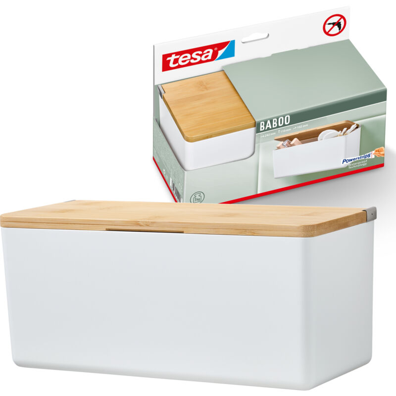 Baboo Badorganizer m mit Bambus-Deckel, matt-weiß - Bad-Aufbewahrungsbox zur Wandmontage ohne Bohren, inkl. ® Powerstrips Waterproof Strips xl - 242