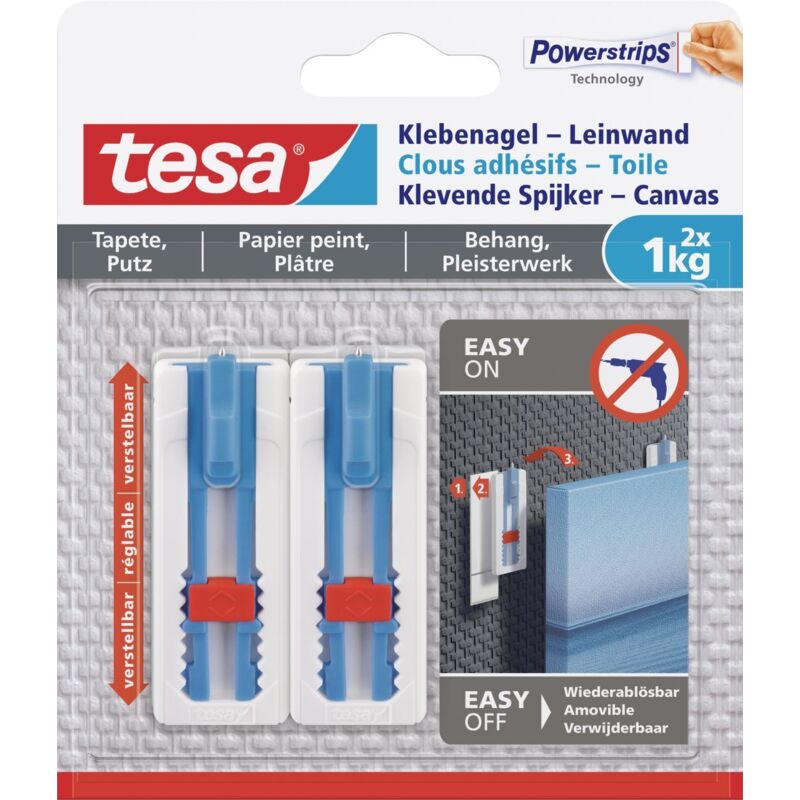 Tesa - Klebenagel Tapeten & Putz - höhenverstellbar - selbstklebender Nagel - ideal für Leinwand & Keilrahmen - hält bis 1kg/Nagel - spurlos ablösbar