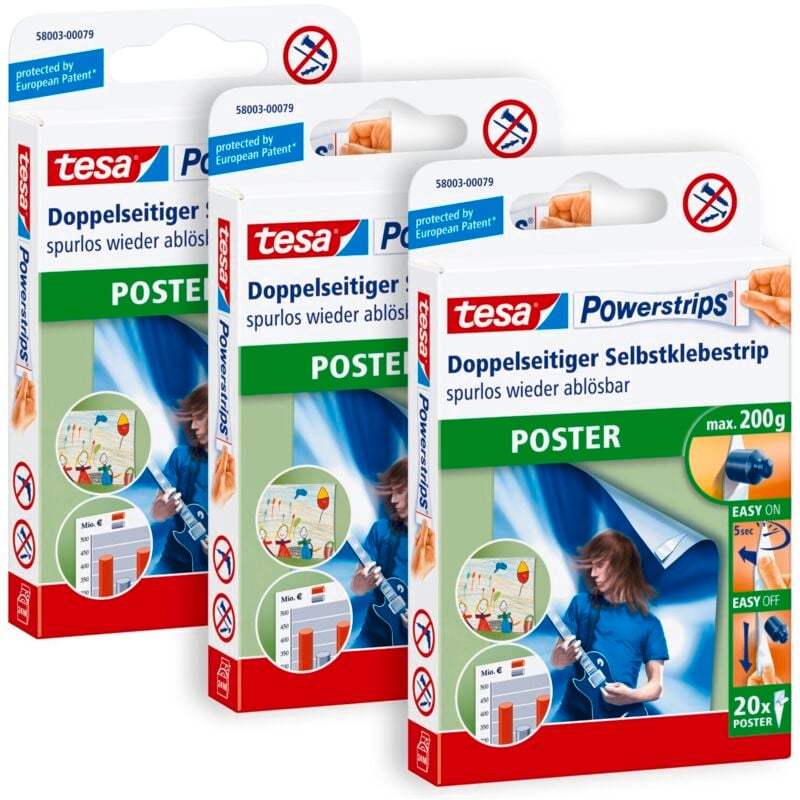 tesa Powerstrips POSTER im 3er Pack - Doppelseitige Klebestreifen für Poster und Plakate - Selbstklebend und spurlos wieder ablösbar - Bis zu 200 g