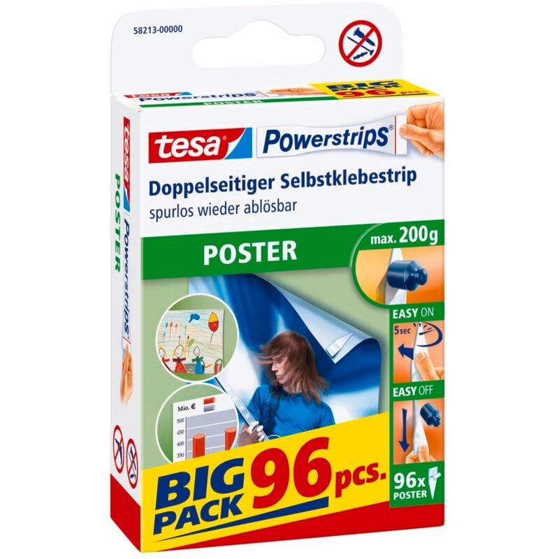 Tesa - Powerstrips poster Big Pack - Doppelseitige Klebestreifen für Poster und Plakate - Selbstklebend und spurlos wieder ablösbar - Bis zu 200 g