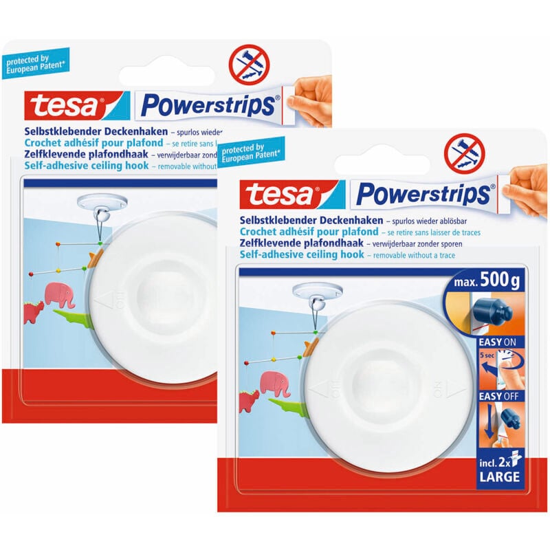 Powerstrips Deckenhaken - Selbstklebender, drehbarer Haken in Weiß zum Aufhängen von Decken-Dekoration - Mit Powerstrips Large - Bis zu 500 g