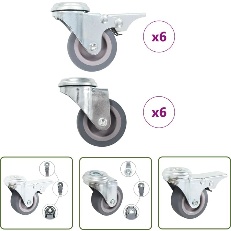 The Living Store - 12 Stk. Lenkrollen mit Rückenloch 50 mm - Lenkrollen - Rollensatz - Transportwagen - Schubladenführung - Bürobedarf