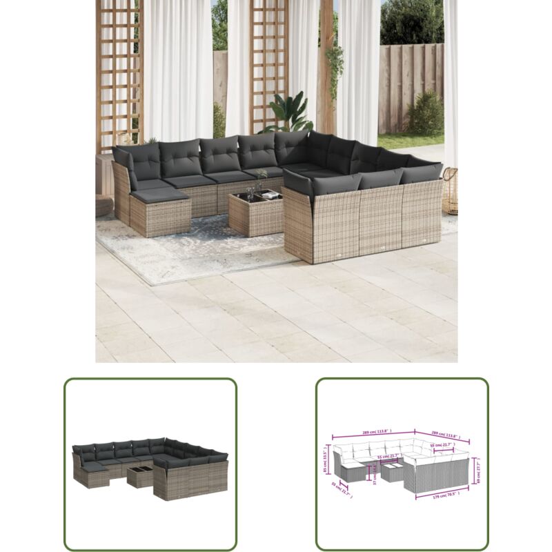 13-tlg. Garten-Sofagarnitur mit Kissen Grau Poly Rattan - Gartenmöbel Set - Esszimmergarnitur - Outdoor Möbel - Lounge Sofa - Rattan Gartenmöbel