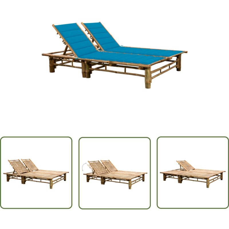 2-Personen-Sonnenliege mit Auflagen Bambus - Bambus-Liege - Gartenliege - Sonnenschirm - Outdoor Möbel - Lounge Chair - The Living Store