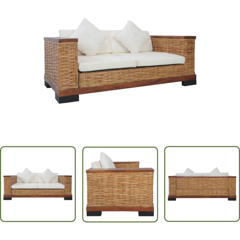 2-Sitzer-Sofa mit Auflagen Braun Natur Rattan - Ratten-Sofa - Esszimmertisch - Gartenmöbeln - Lounge Möbel - Couch - The Living Store