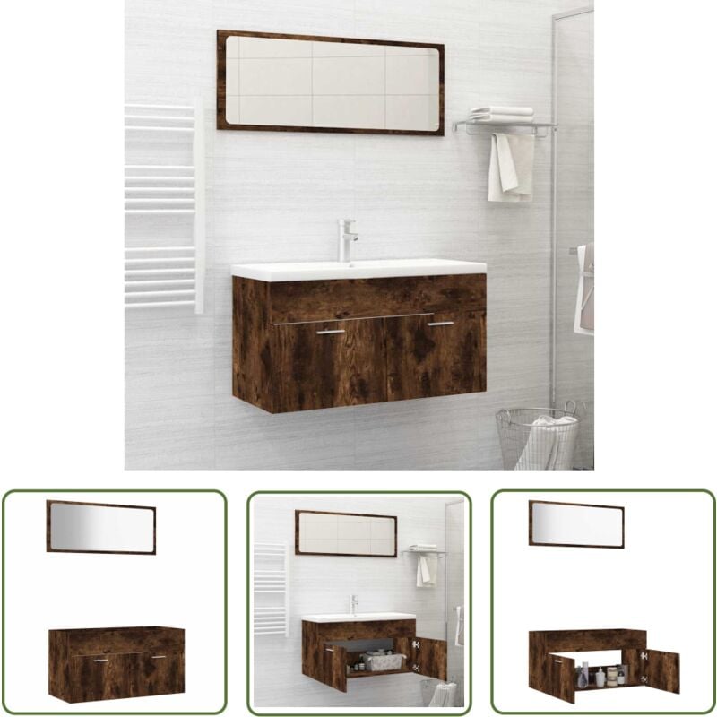 The Living Store - 2-tlg. Badmöbel-Set Räuchereiche Holzwerkstoff - Badmöbel Set - Holzschrank - Waschbeckenunterschrank - Spiegelschrank