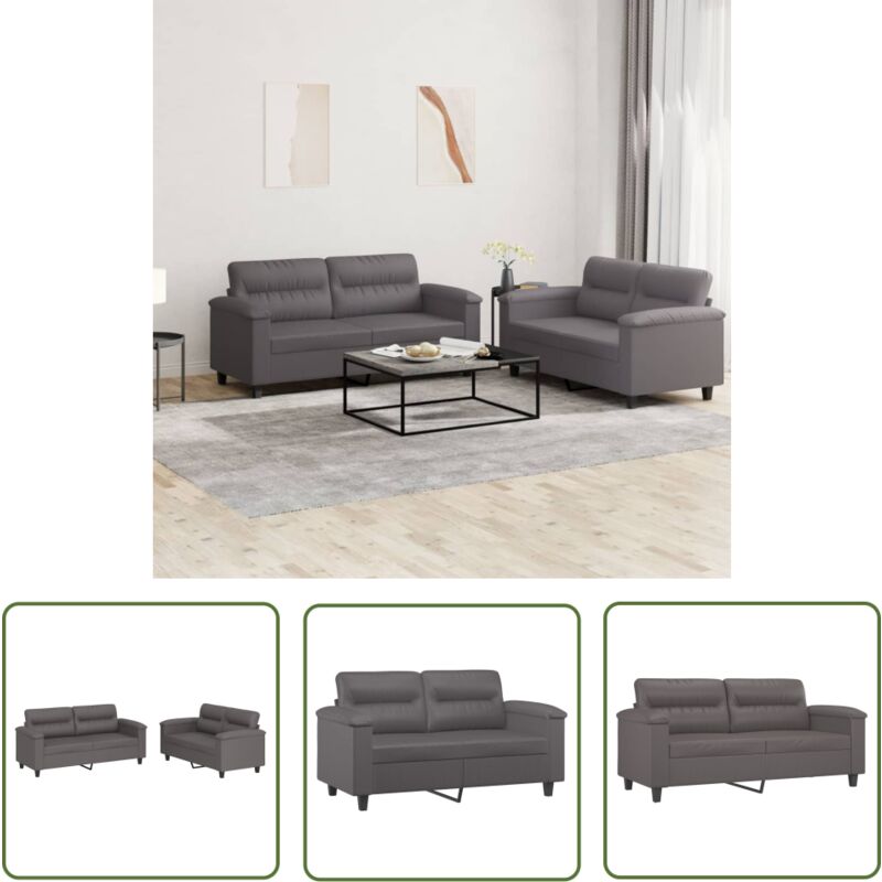 The Living Store - 2-tlg. Sofagarnitur mit Kissen Grau Kunstleder - Couch - Sofa Garnitur - Wohnlandschaft - Ledercouch - Grau Sofa