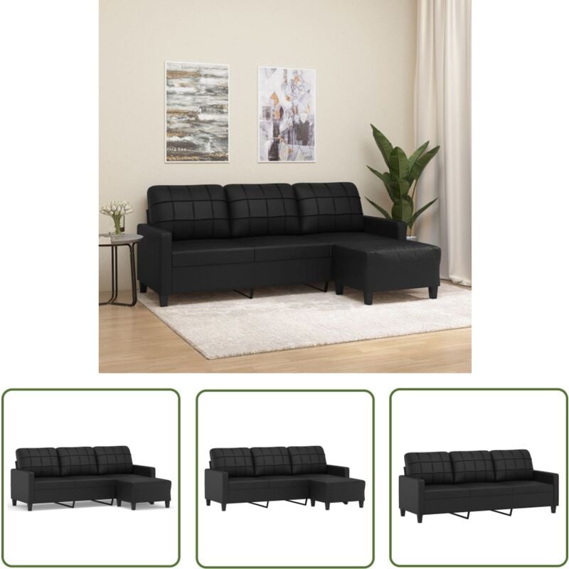 The Living Store - 3-Sitzer-Sofa mit Hocker Schwarz 180 cm Kunstleder - 3-Sitzer-Sofa - Schwarzes Sofa - Ledercouch - Lounge Möbel - Wohnzimmer