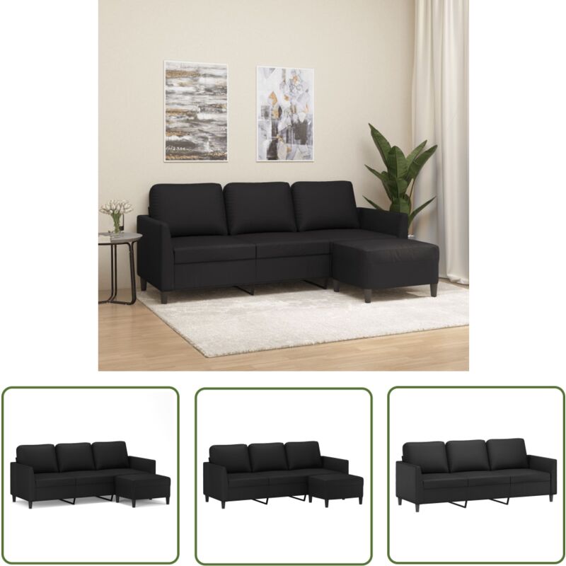The Living Store - 3-Sitzer-Sofa mit Hocker Schwarz 180 cm Kunstleder - 3-Sitzer-Sofa - Schwarzes Sofa - Ledercouch - Lounge Möbel - Wohnzimmer
