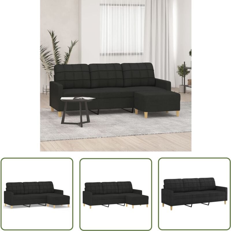 The Living Store - 3-Sitzer-Sofa mit Hocker Schwarz 180 cm Stoff - 3-Sitzer-Sofa - Schwarzes Sofa - Modernes Sofa - Gemütliches Sofa - Lounge Sofa