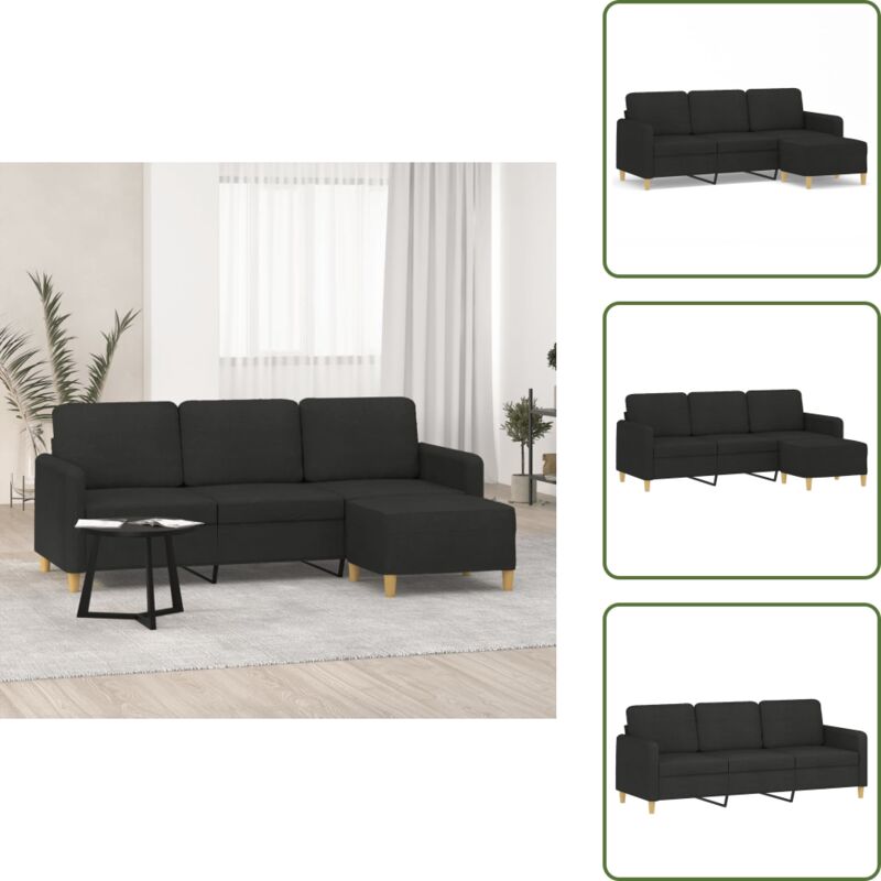 The Living Store - 3-Sitzer-Sofa mit Hocker Schwarz 180 cm Stoff - 3-Sitzer-Sofa - Schwarzes Sofa - Gemütliches Sofa - Modernes Sofa - Lounge Möbel