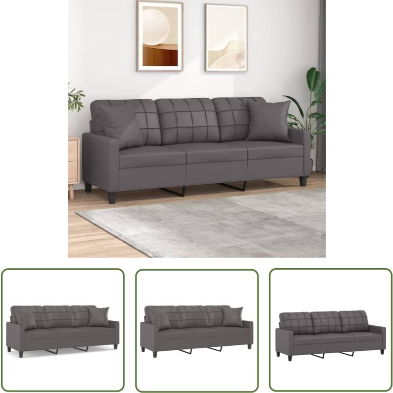 The Living Store - 3-Sitzer-Sofa mit Zierkissen Grau 180 cm Kunstleder - 3-Sitzer-Sofa - Couch - Wohnzimmersofa - Ledercouch - Graues Sofa