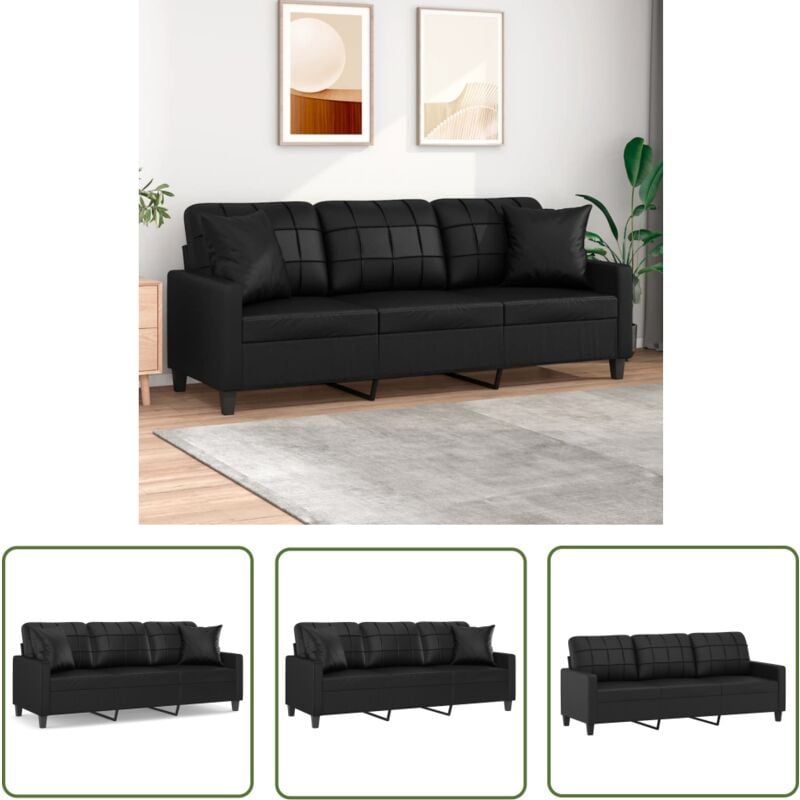 The Living Store - 3-Sitzer-Sofa mit Zierkissen Schwarz 180 cm Kunstleder - 3-Sitzer-Sofa - Schwarzes Sofa - Wohnzimmersofa - Ledercouch - Ecksofa