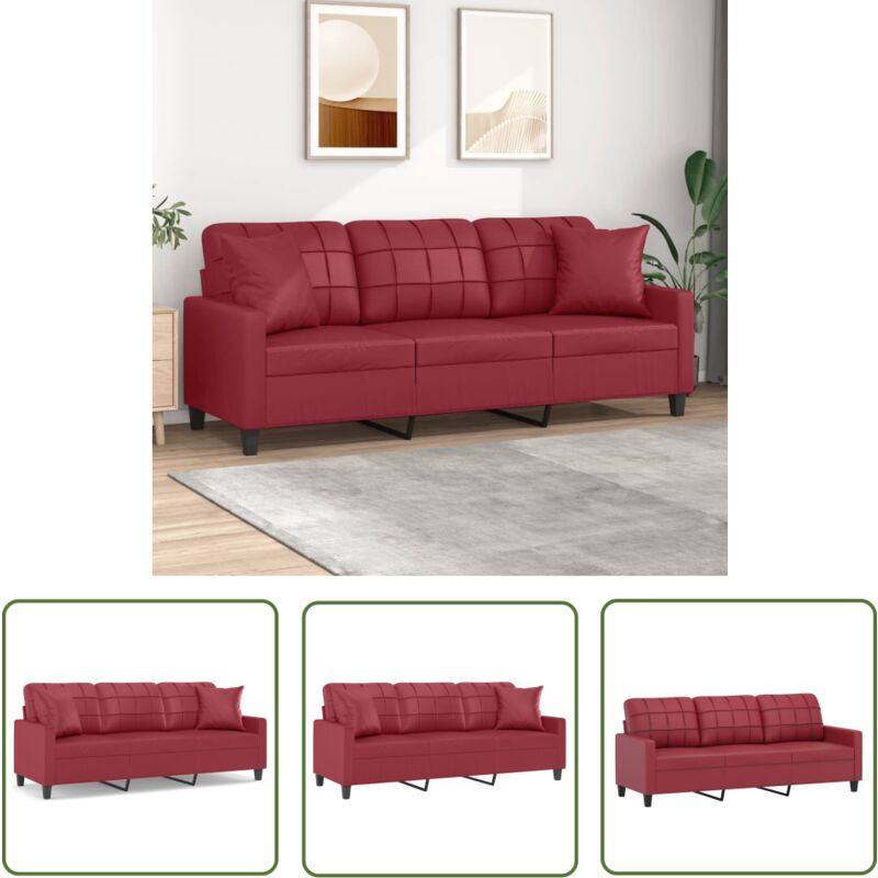 The Living Store - 3-Sitzer-Sofa mit Zierkissen Weinrot 180 cm Kunstleder - 3-Sitzer-Sofa - Wohnlandschaft - Ledercouch - Weinrot - Sofa Günstig