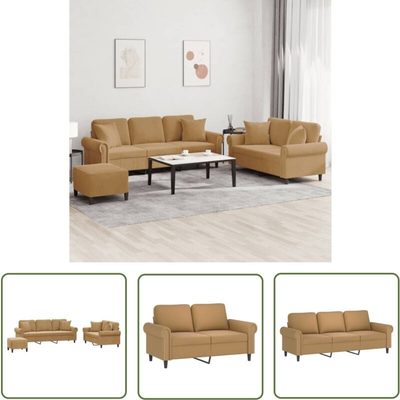 The Living Store - 3-tlg. Sofagarnitur mit Kissen Braun Samt - Samtsofa - Couchgarnitur - Wohnzimmermöbel - Sessel - Sofa Kaufen