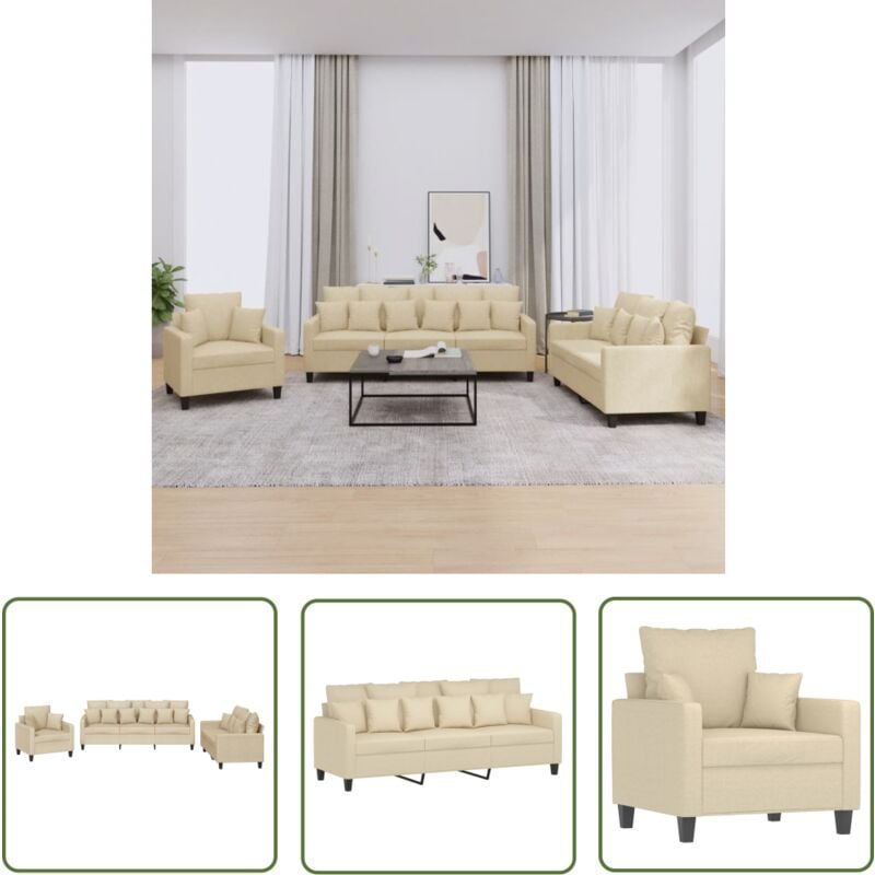 The Living Store 3-tlg. Sofagarnitur mit Kissen Creme Stoff - Esszimmergarnitur - Wohnzimmersofa - Couchtisch - Lounge Möbel - Creme Sofa