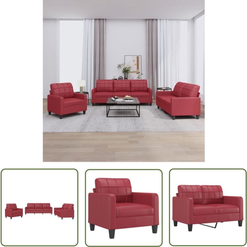3-tlg. Sofagarnitur mit Kissen Weinrot Kunstleder - Weinroter Wohnbereich - Couchtisch Set - Ledercouch - Lounge Möbel - Ecksofa - The Living Store