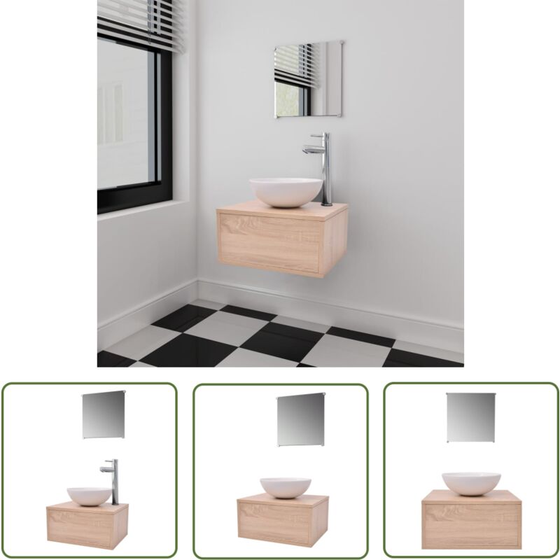 The Living Store 4-tlg. Badmöbel-Set mit Waschbecken und Wasserhahn Beige - Badmöbel - Badezimmermöbel - Waschtischunterschrank - Waschbecken