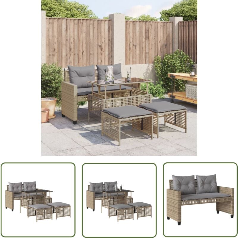 4-tlg. Garten-Sofagarnitur mit Kissen Beige Poly Rattan Glas - Gartenmöbel - Esszimmergarnitur - Outdoor Möbel - Lounge Set - Rattan Gartenmöbel