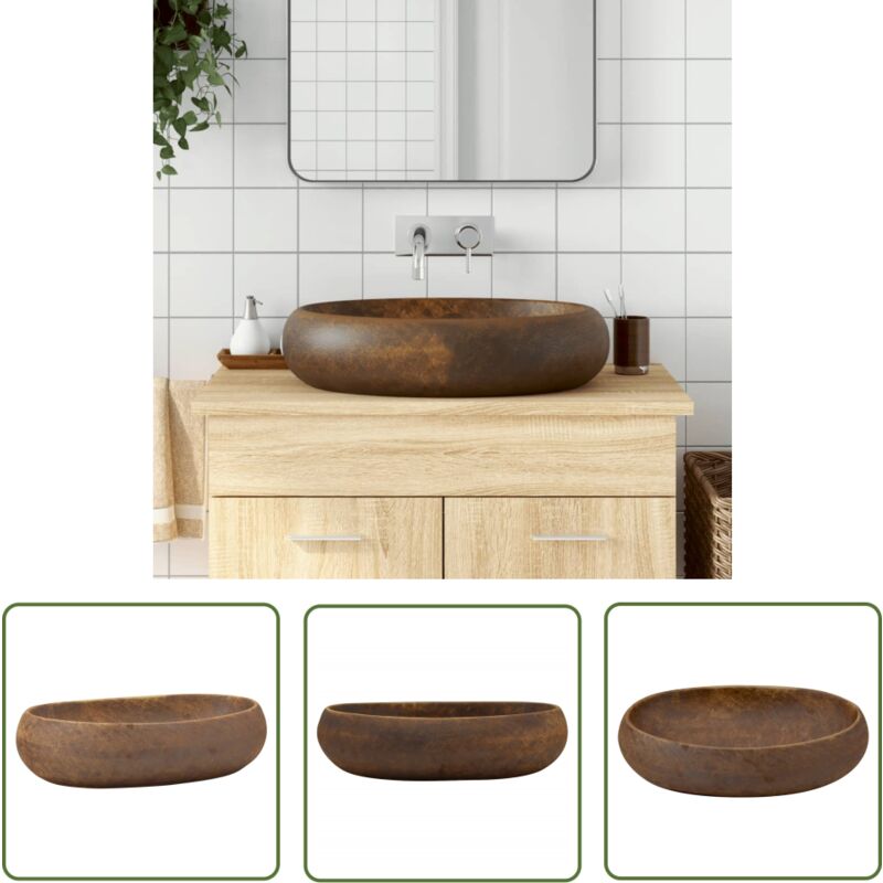 The Living Store - Aufsatzwaschbecken Braun Oval 59x40x15 cm Keramik - Badezimmersanierung - Waschbecken Braun - Keramikwaschbecken - Handgefertigtes